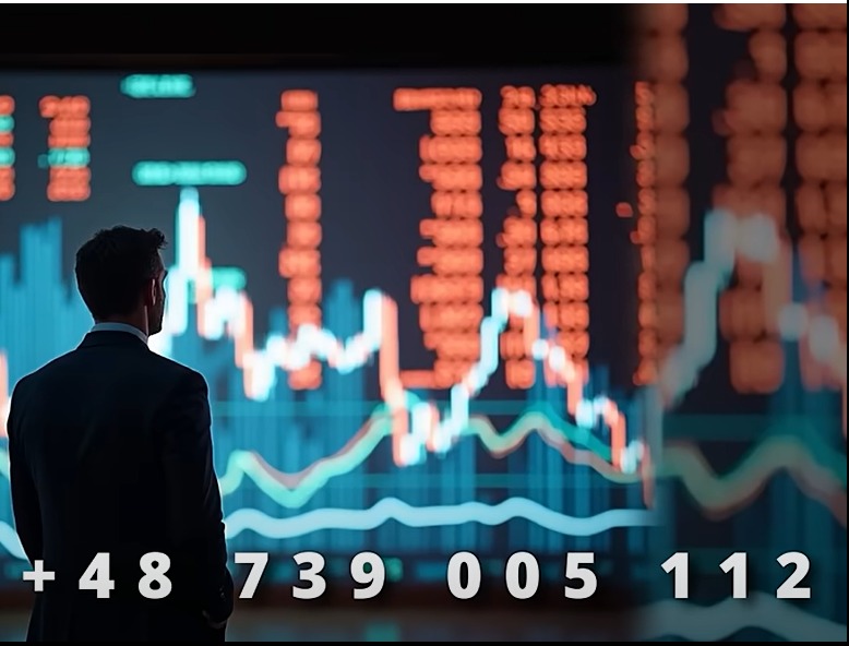 Mężczyzna w garniturze obserwuje wykresy giełdowe na dużym ekranie. Na pierwszym planie numer telefonu. Dynamiczna wizualizacja danych finansowych.