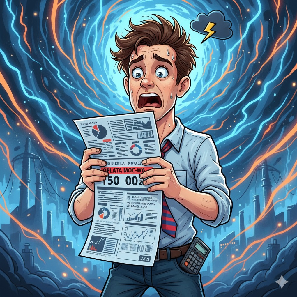 Zestresowany mężczyzna z rachunkiem za prąd 750 zł na tle elektrowni i symbolu burzy. Ilustracja w stylu komiksowym, sugerująca wysokie koszty energii.