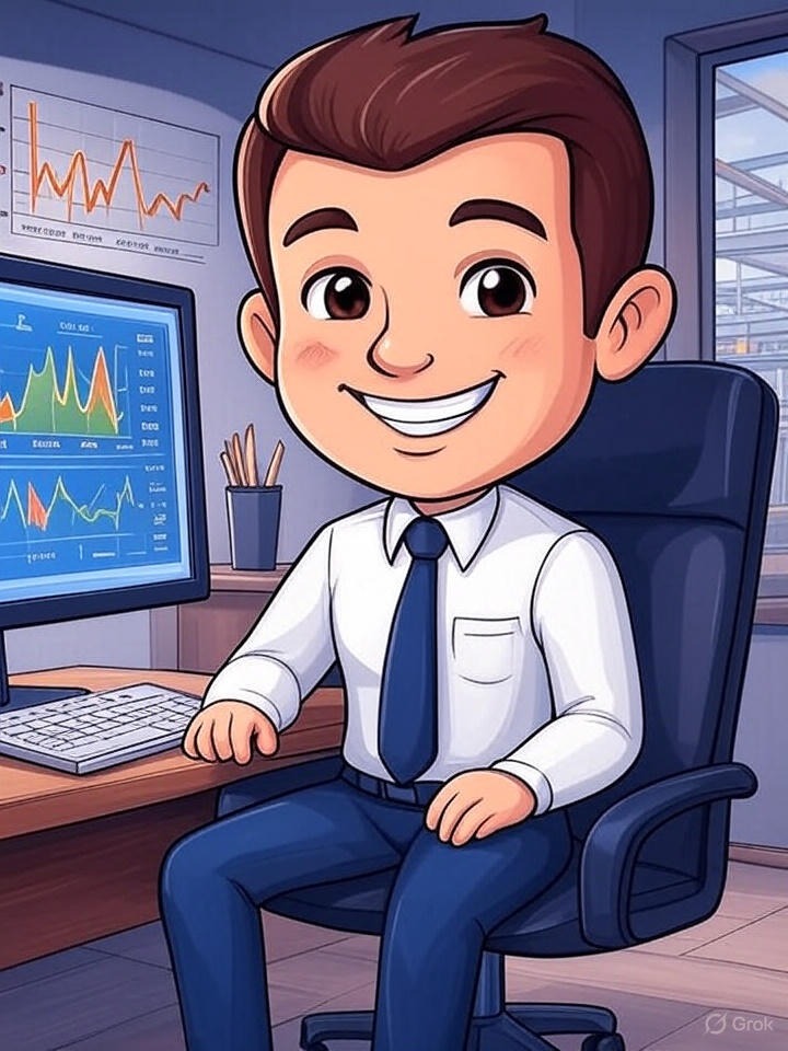 Kreskówkowy mężczyzna w biurze, analizujący wykresy na monitorze. Ubrany w koszulę i krawat, siedzi na krześle biurowym. W tle okna i dodatkowe wykresy.