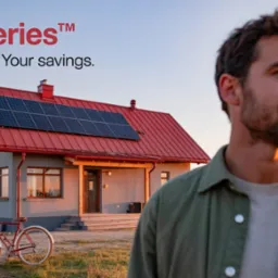 Dom z panelami słonecznymi na czerwonym dachu, rower i mężczyzna na tle zachodzącego słońca, seria Red Series.