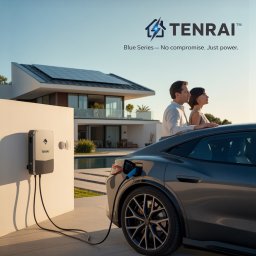 TENRAI SPÓŁKA Z OGRANICZONĄ ODPOWIEDZIALNOŚCIĄ - Dom z panelami słonecznymi i stacją ładowania auta elektrycznego Tenrai. Para opiera się o auto. Nowoczesna architektura, basen. Błękitne niebo.