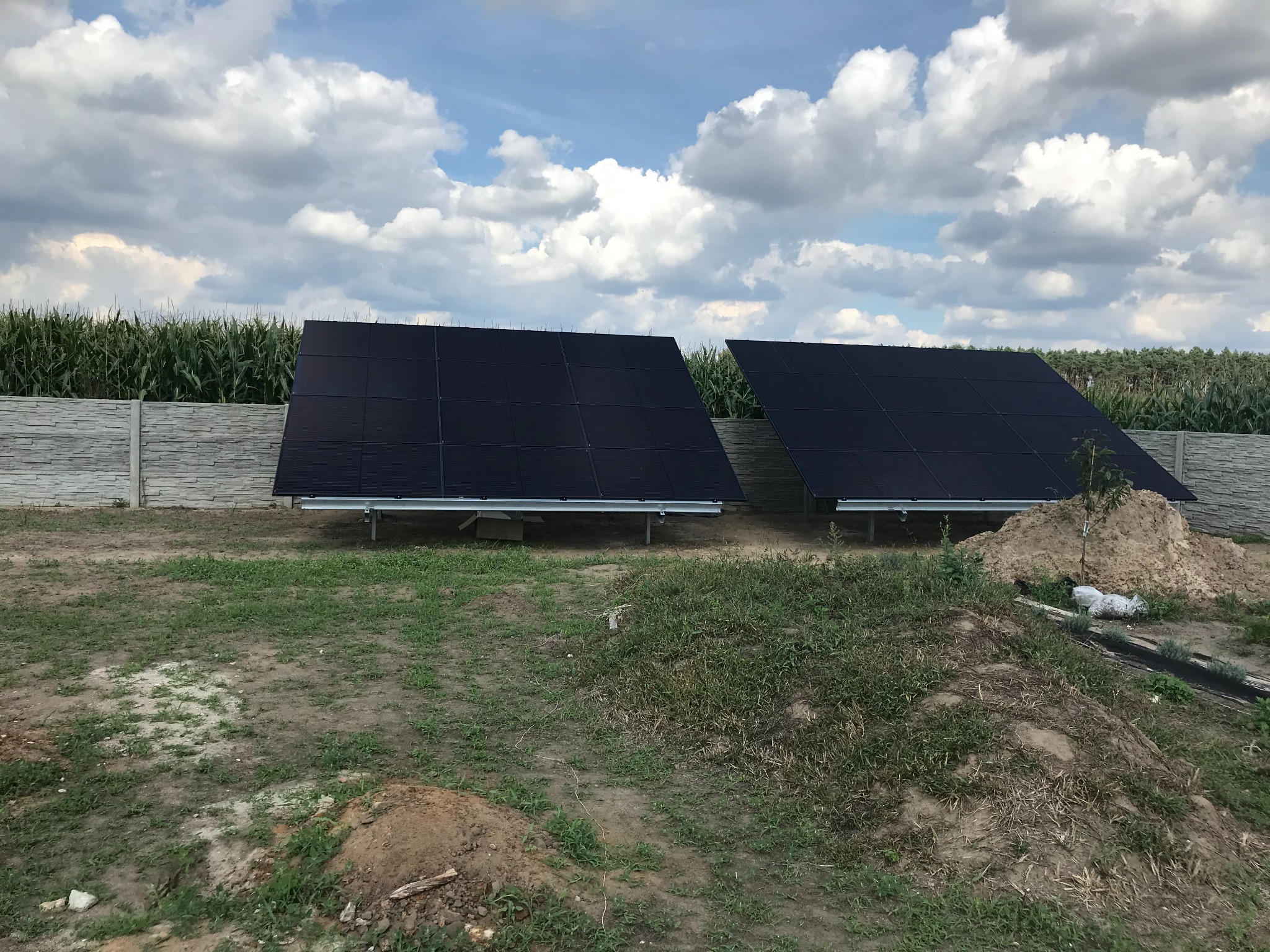 Dwa panele fotowoltaiczne na metalowych konstrukcjach, widoczne na tle pola kukurydzy i betonowego ogrodzenia w Poznaniu. Pochmurne niebo.