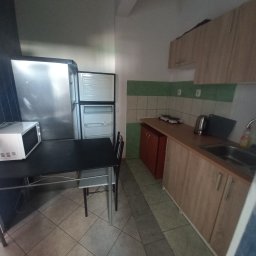 MAGDALENA PODBROZNA - Kuchnia w wynajmowanym studio: lodówka, mikrofalówka, stół z krzesłami, szafki kuchenne w odcieniach drewna, zielono-białe płytki na ścianie, płytki podłogowe.