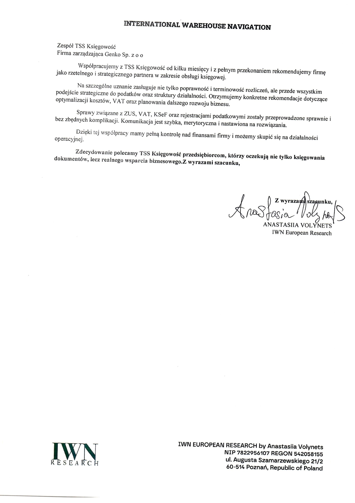 Dokument z rekomendacją dla TSS Księgowość od IWN European Research, z podpisem Anastasii Volynets, potwierdzający rzetelną obsługę księgową i wsparcie biznesowe.