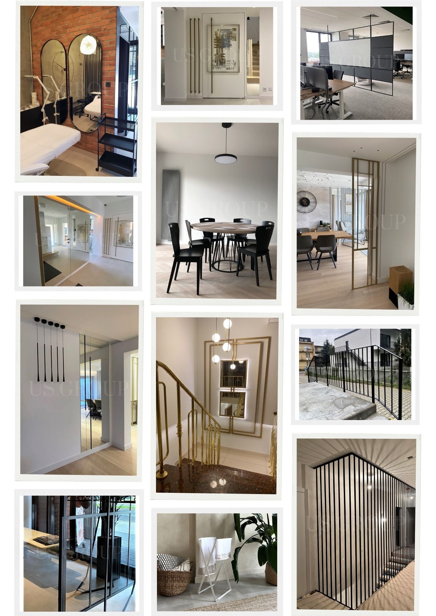 Kolekcja realizacji ze stali w Krakowie: eleganckie lustra w salonie kosmetycznym, przeszklenia biurowe, balustrady schodowe i inne elementy dekoracyjne.