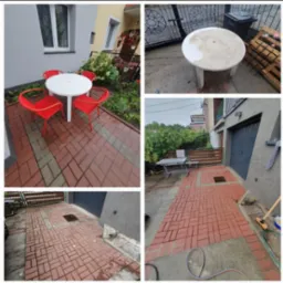 Czerwona kostka brukowa po czyszczeniu, z zestawem mebli ogrodowych. Na drugim planie budynki mieszkalne i elementy wyposażenia podwórka.