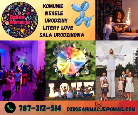 Kolaż zdjęć: animator z ogniem, dzieci z chustą animacyjną, litery LOVE z dziećmi, anioł na szczudłach i sala urodzinowa. Dzikie Animacje.