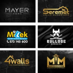 Zestaw sześciu różnorodnych logotypów firm na ciemnych tłach: budowlanej, szkoły kierowców, barber shopu, narzędziowni. Różne style i kolorystyka.