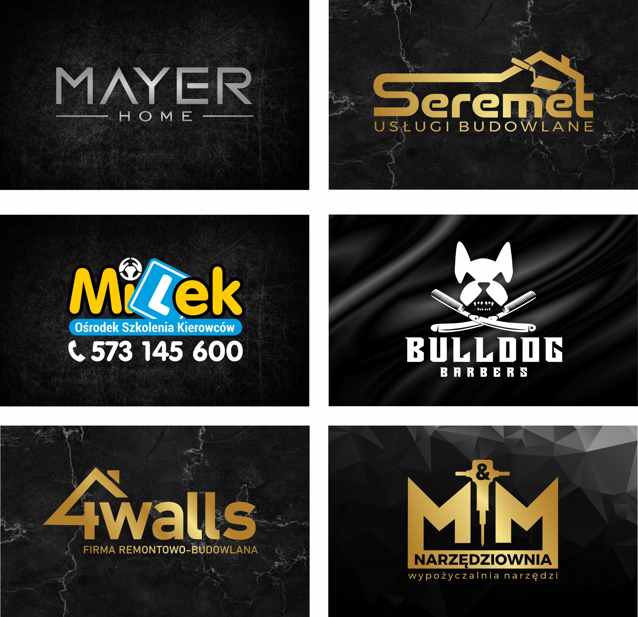 Zestaw sześciu różnorodnych logotypów firm na ciemnych tłach: budowlanej, szkoły kierowców, barber shopu, narzędziowni. Różne style i kolorystyka.