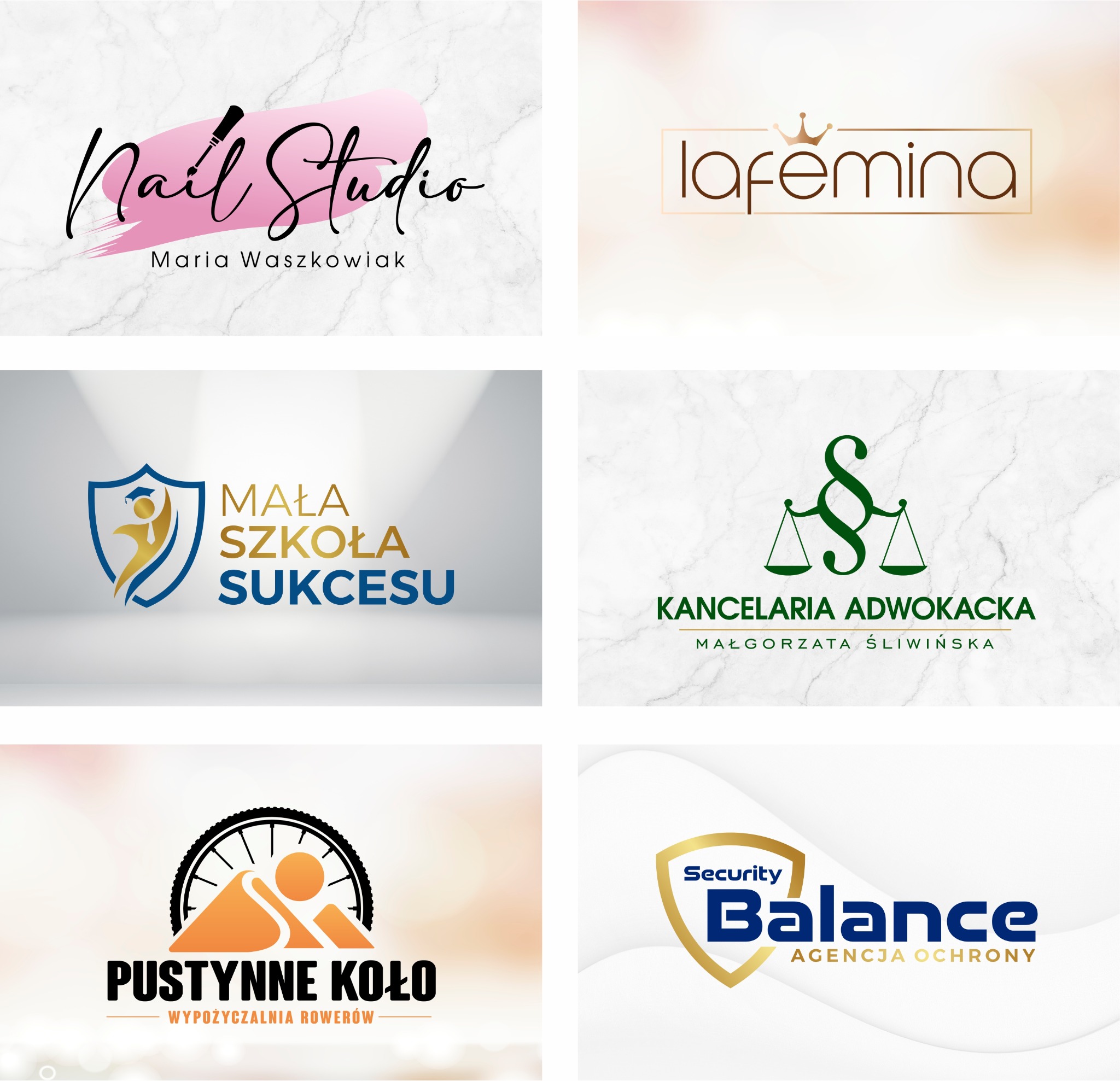 Zestaw sześciu różnorodnych logotypów firm z różnych branż, prezentowanych na białym tle. Każdy logotyp ma unikalny styl i kolorystykę, od eleganckiego po nowoczesny.