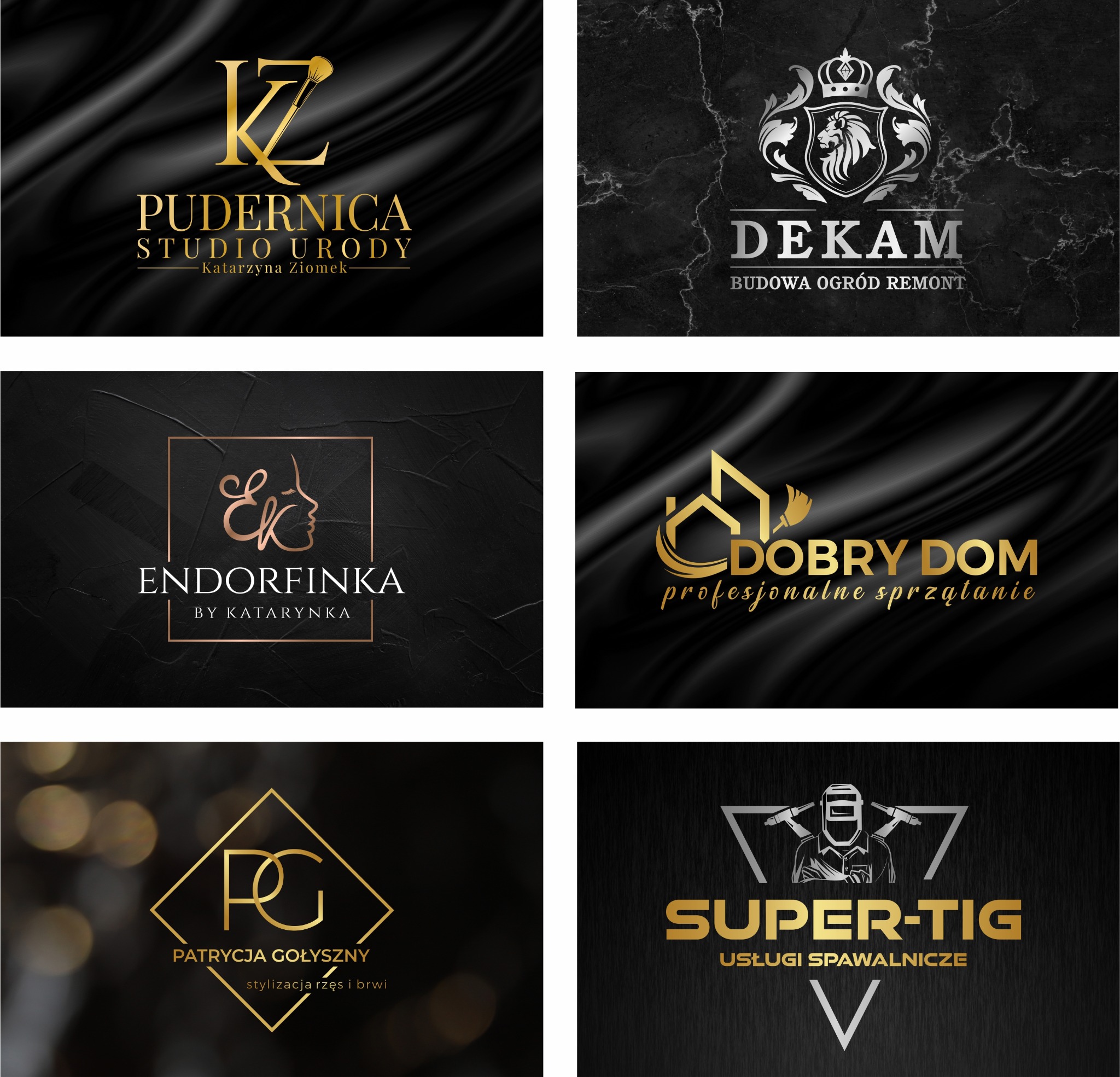 Kolaż sześciu logo firm z różnych branż: od studia urody i sprzątania po budowę i usługi spawalnicze, na ciemnych tłach z teksturami.