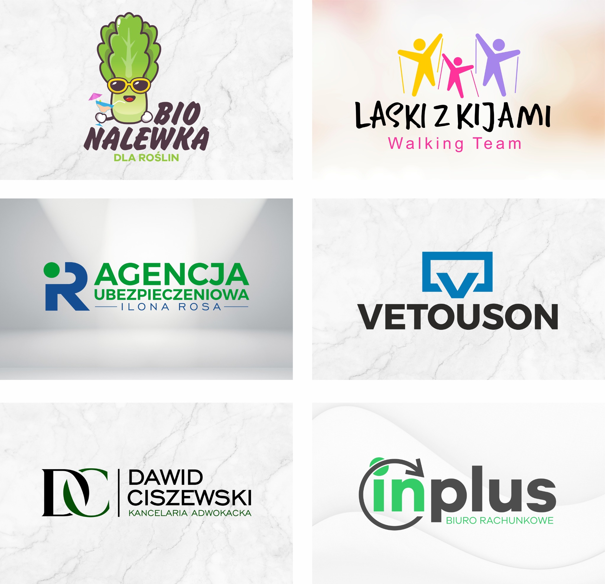 Zestaw sześciu różnorodnych logotypów firm na tle marmuru, prezentujących odmienne branże, od agencji ubezpieczeniowej po biuro rachunkowe, z wykorzystaniem unikalnych symboli i typografii.