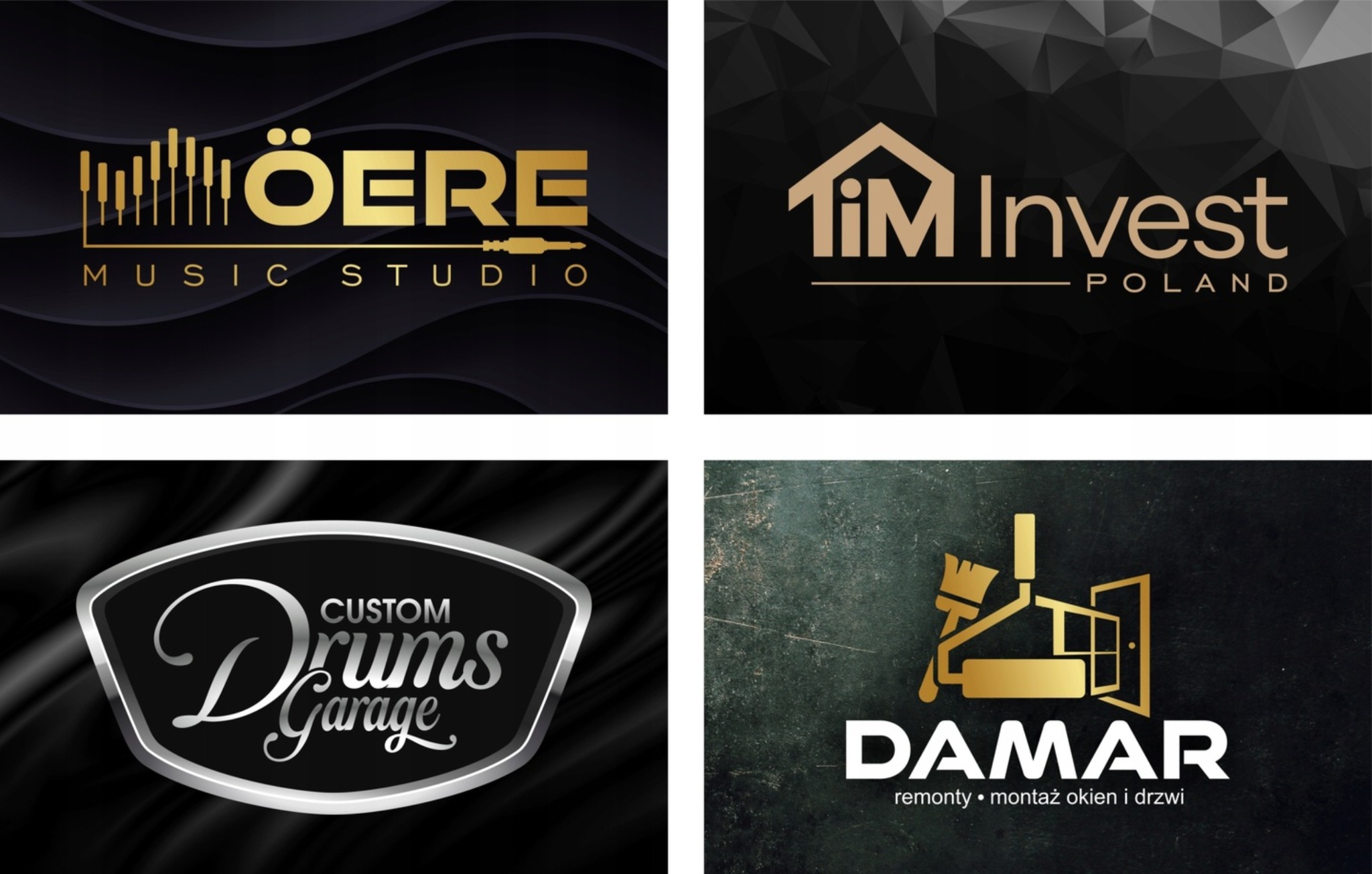 Kompozycja czterech logo firm z różnych branż: muzycznej, inwestycyjnej i remontowej, na ciemnym, eleganckim tle. Każde logo w innej stylistyce i kolorystyce.