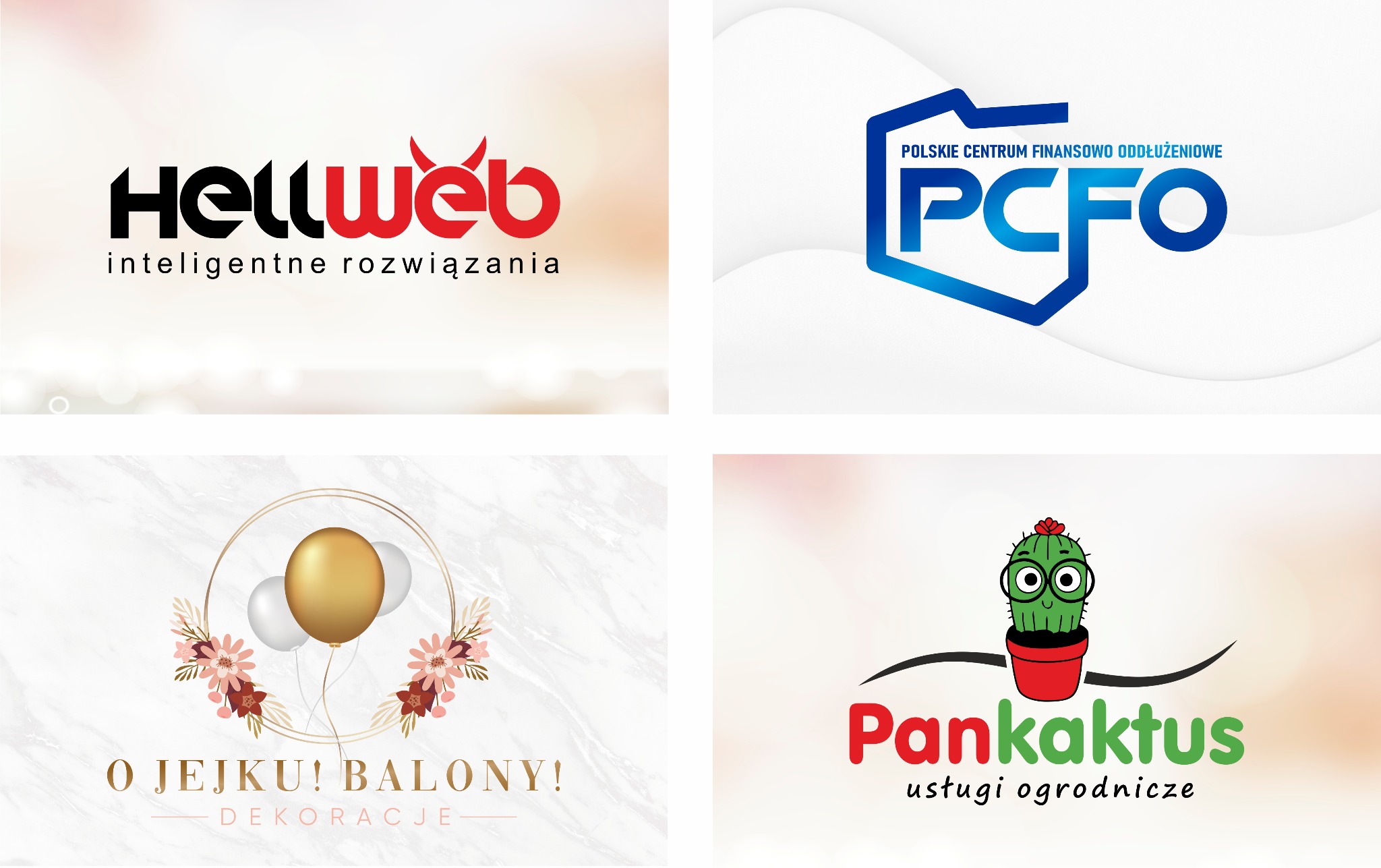 Zestaw czterech różnych logo firm: HellWeb, PCFO, O Jejku! Balony! i Pankaktus. Każde logo w odmiennej stylistyce i kolorystyce, prezentowane na jasnym tle.