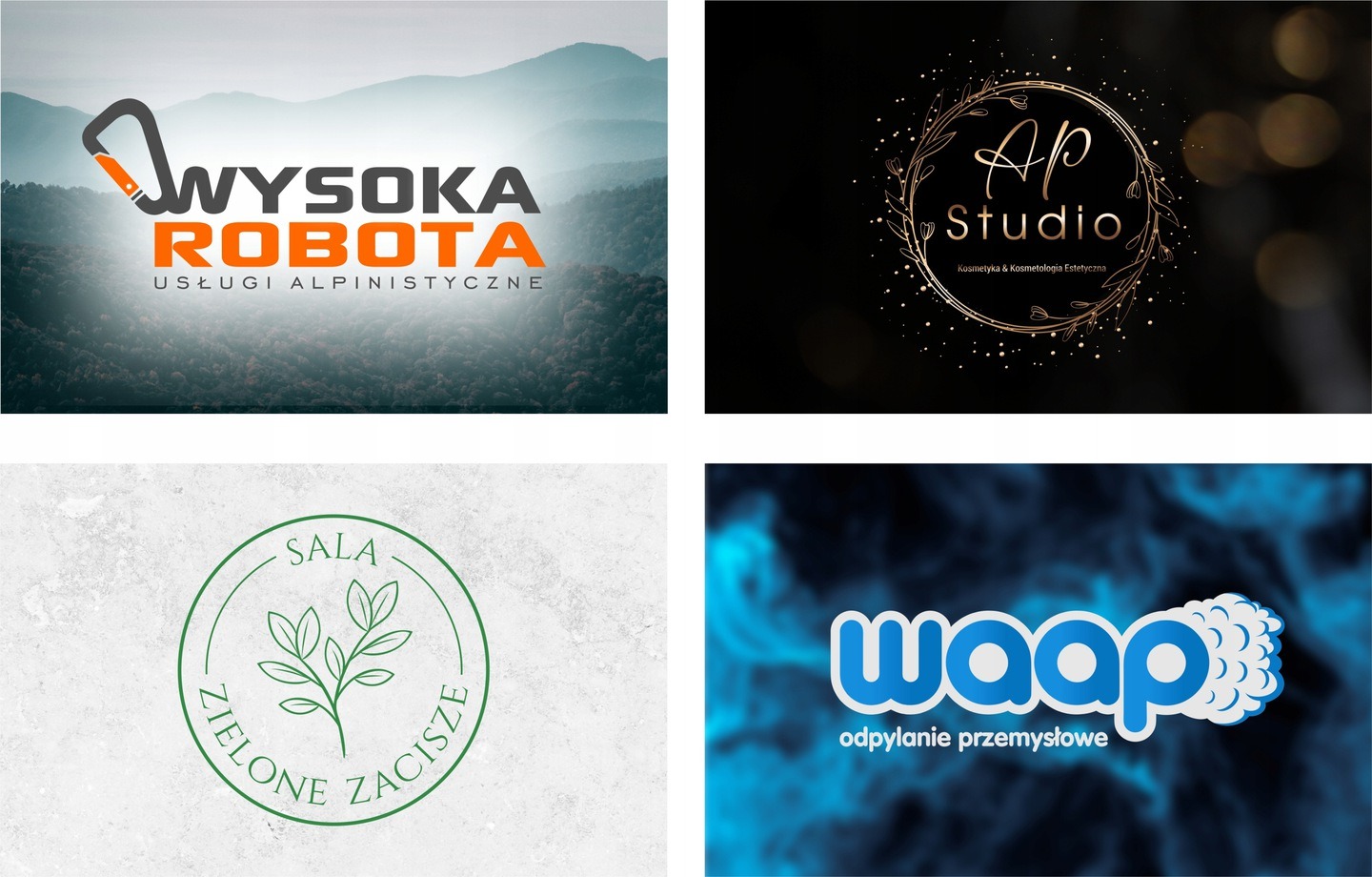 Kompozycja czterech unikalnych logotypów: alpinistyczne usługi, studio kosmetyczne, sala relaksu i odpylanie przemysłowe. Różnorodna kolorystyka i stylistyka.