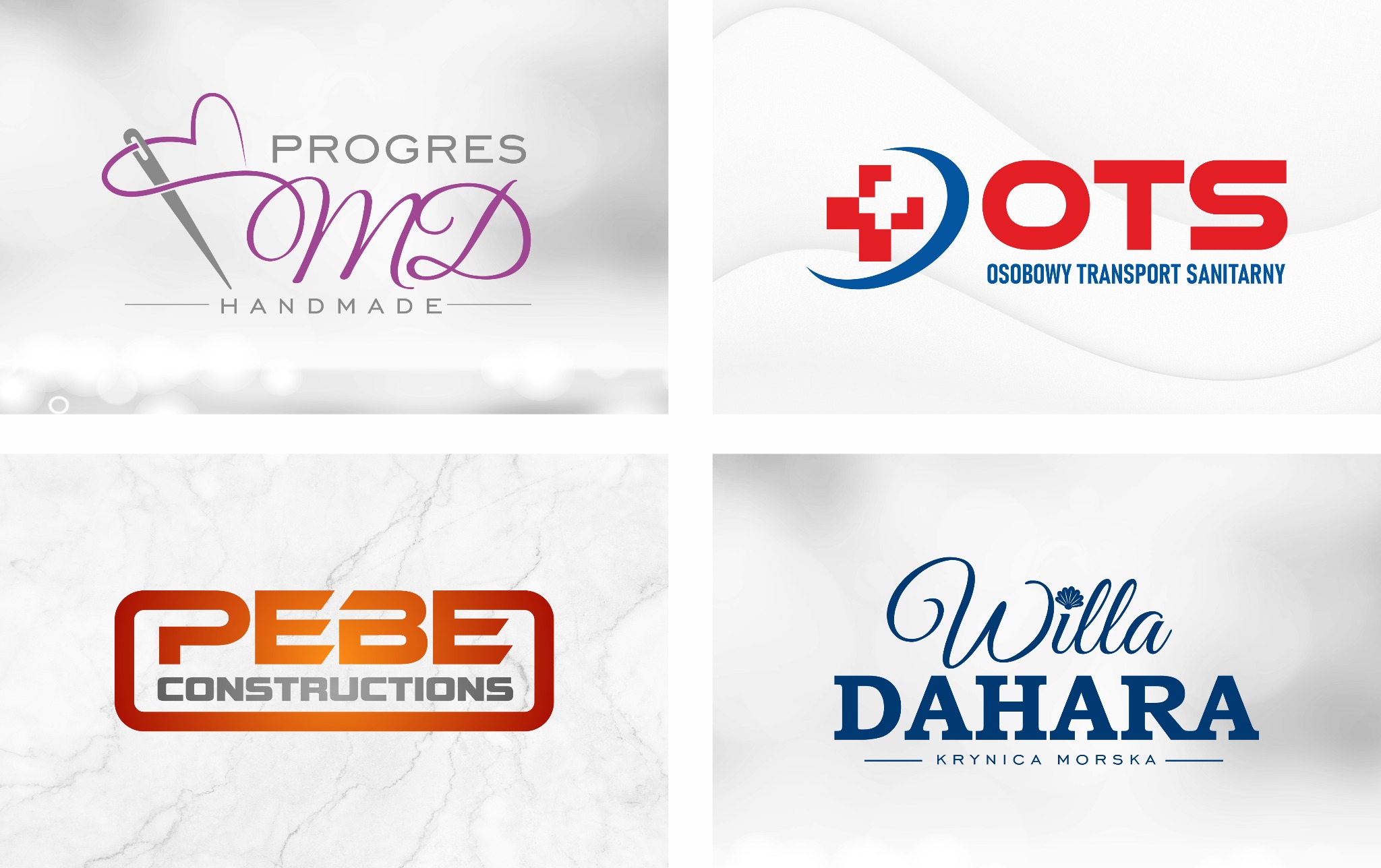 Kompilacja czterech unikalnych projektów logo z Oświęcimia: rękodzieło, transport sanitarny, budownictwo, oraz willa nad morzem. Różne style i branże na jednym zdjęciu.
