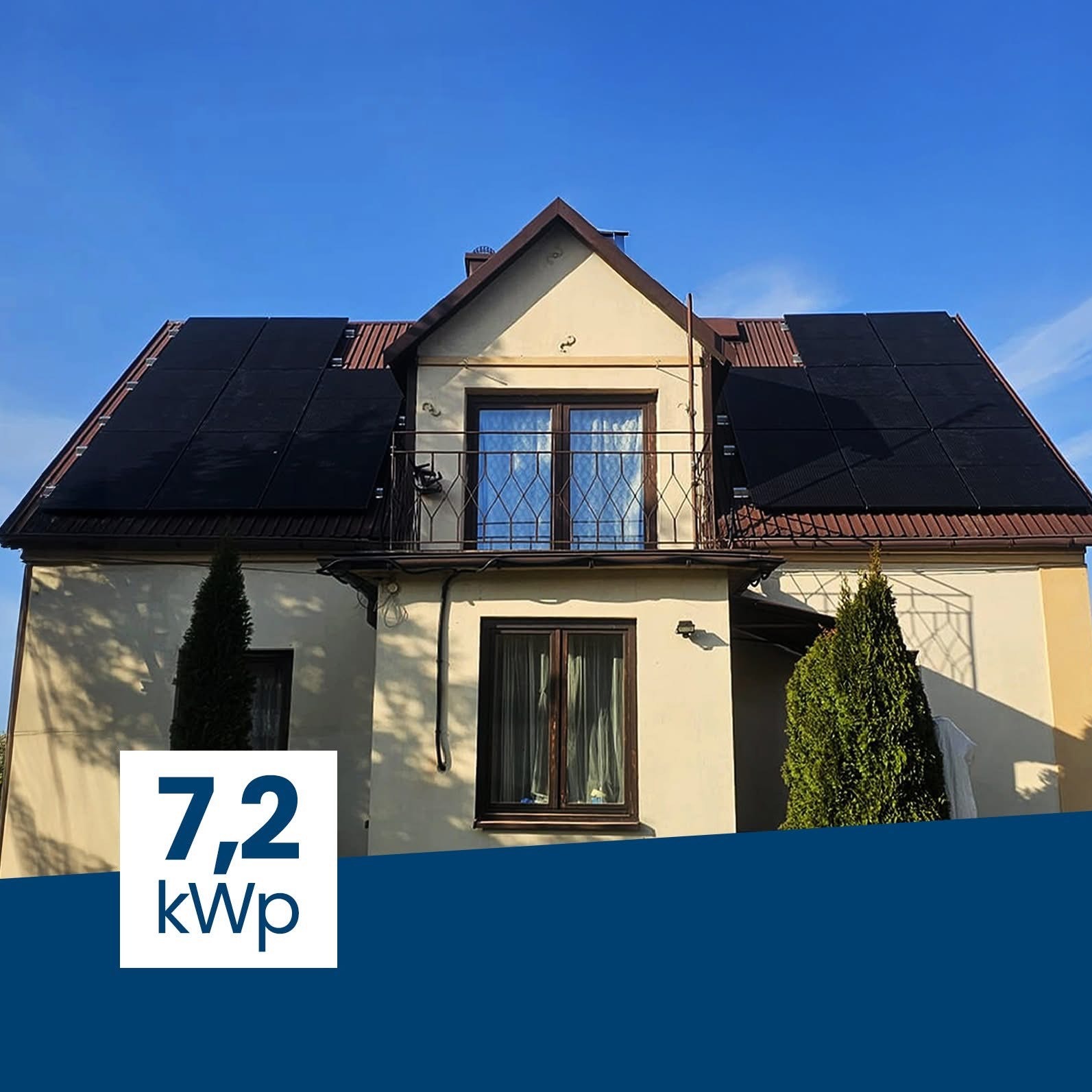Dom jednorodzinny z panelami fotowoltaicznymi na dachu, widoczne okna z balkonem. Na dolnym planie grafika z informacją o mocy instalacji: 7,2 kWp.