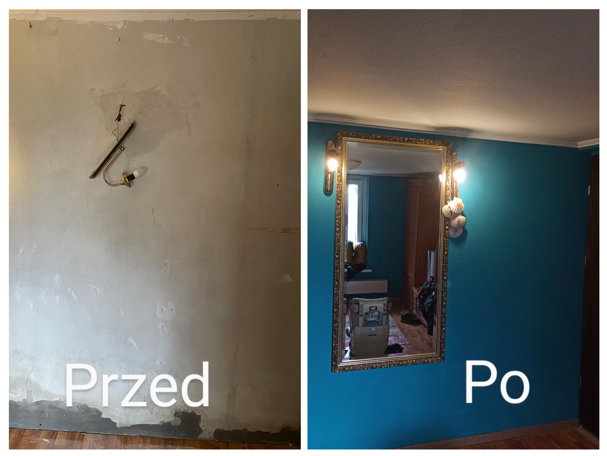 Remont pokoju: ściana przed szpachlowaniem z wiszącą lampą i ściana po malowaniu na turkusowo z lustrem w złotej ramie. Widoczne napisy 'Przed' i 'Po'.