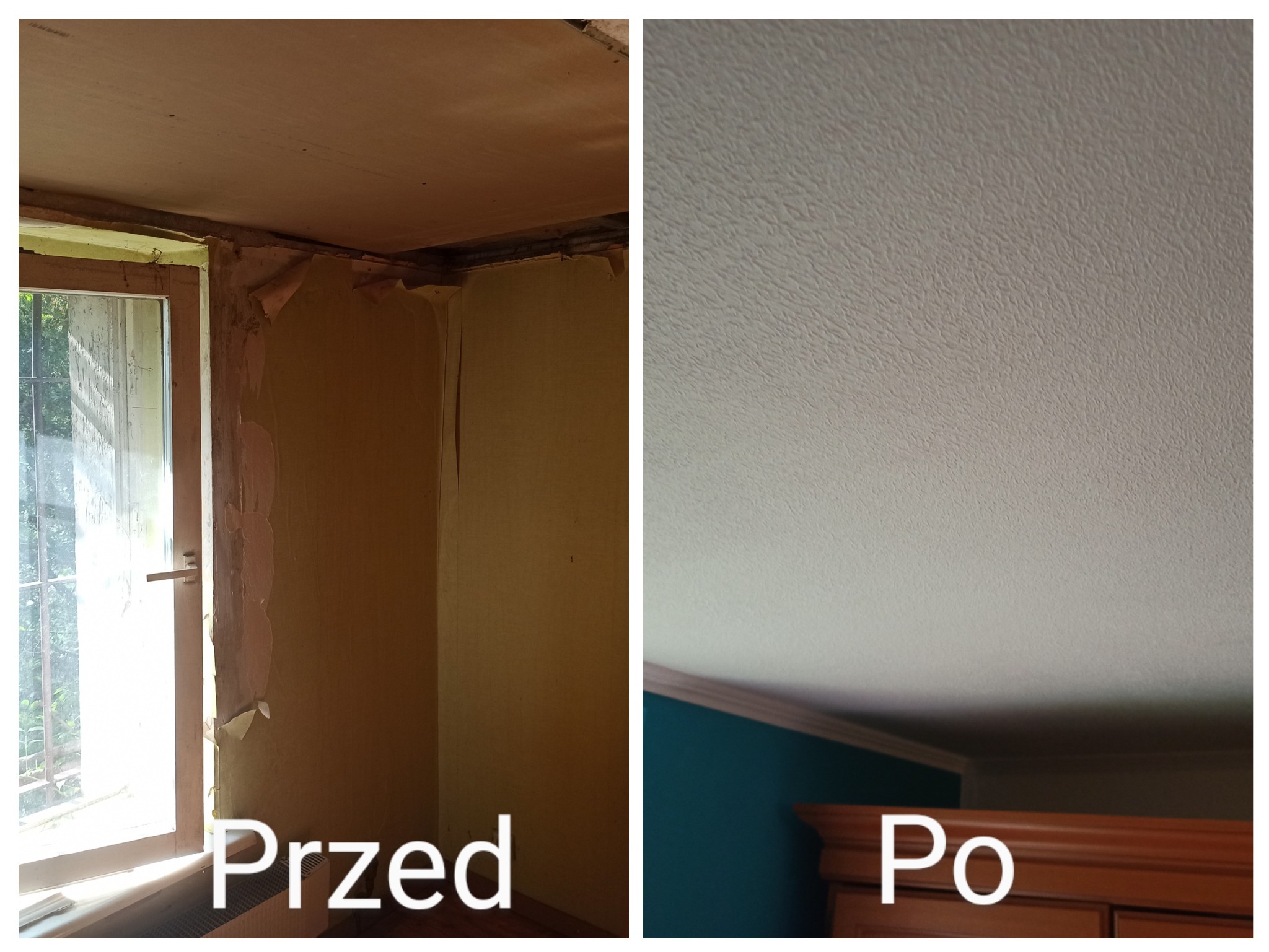 Porównanie 'przed' i 'po': odświeżony sufit z wyraźną teksturą, widoczny fragment okna przed remontem i fragment pomalowanej ściany po remoncie.