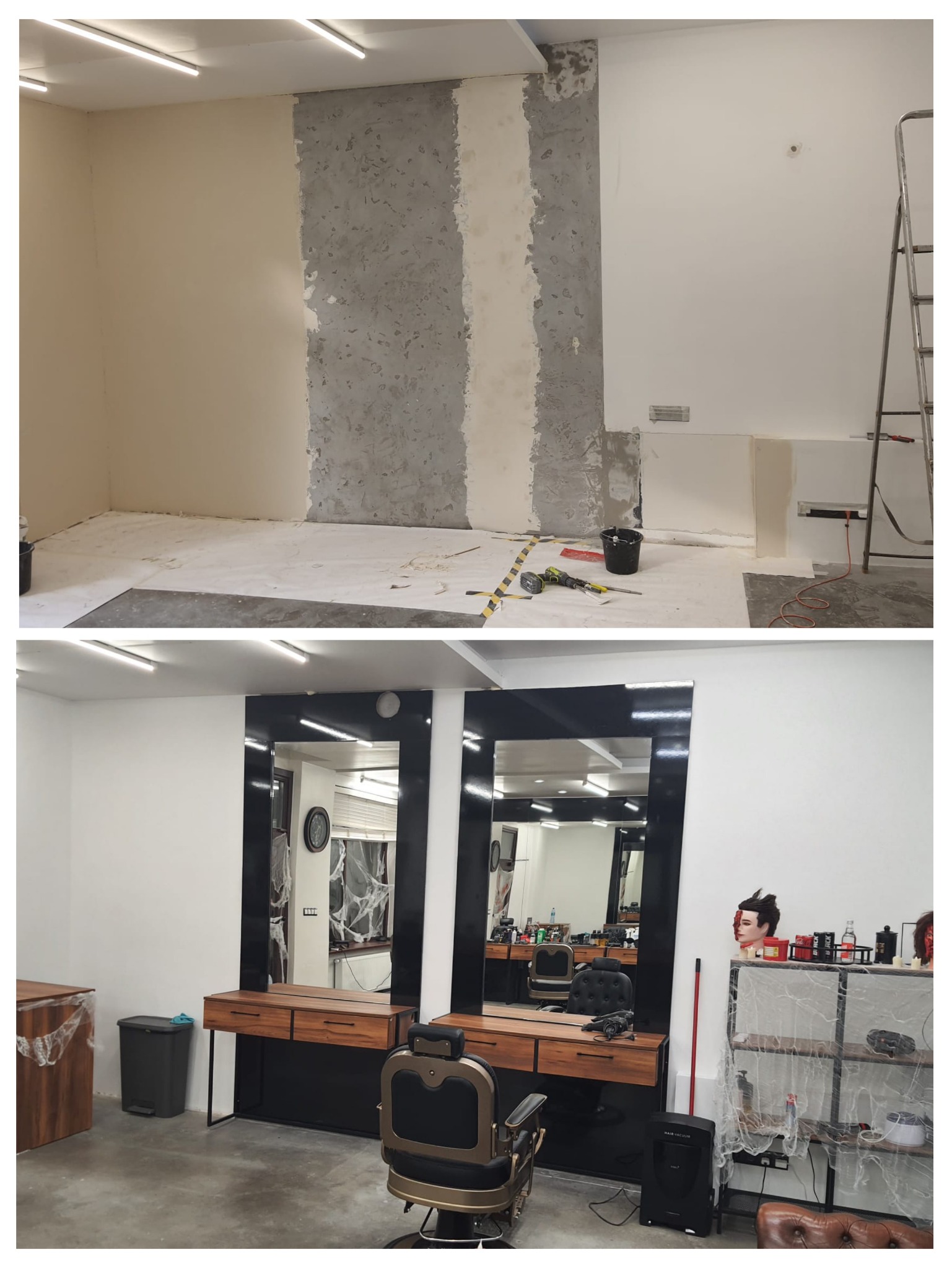 Porównanie stanu surowego i wykończonego wnętrza salonu fryzjerskiego: ściany przed i po szpachlowaniu, gotowe stanowiska z lustrami i fotelami.