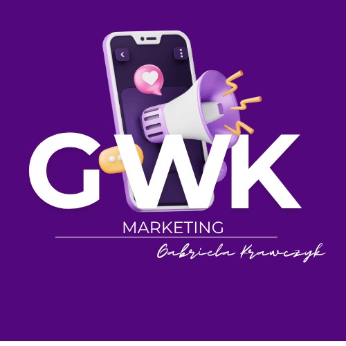 Grafika z logo 'GWK Marketing' na fioletowym tle, z telefonem, megafonem i ikonami. Nowoczesny branding dla agencji marketingowej.