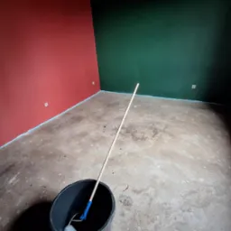 Pokój po malowaniu ścian na czerwono i zielono, z wałkiem do malowania w wiadrze. Podłoga zabezpieczona folią malarską. Widok na odświeżone wnętrze.