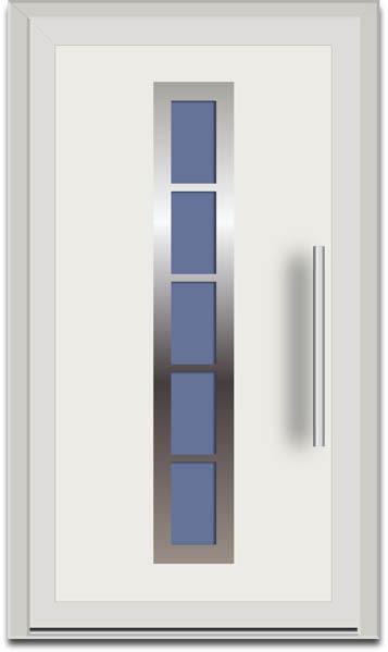 Białe drzwi wejściowe z czterema prostokątnymi szybami w srebrnej ramie i długim, pionowym uchwytem, prezentowane na jasnym tle.