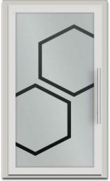 Białe drzwi wewnętrzne z matową szybą i geometrycznym wzorem w kształcie dwóch heksagonów, uchwyt po prawej stronie, minimalistyczny design.