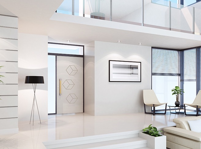 Nowoczesne drzwi wewnętrzne z geometrycznym wzorem w jasnym, minimalistycznym wnętrzu z dużymi oknami i designerskim oświetleniem.