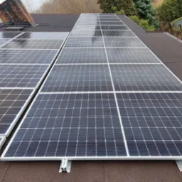 Panel fotowoltaiczny na dachu pokrytym papą, z widoczną drabiną i kominem w tle. Widok ukończonej instalacji z bliska, w pochmurny dzień.