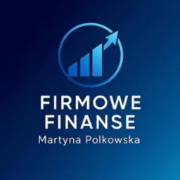 Logo Firmowe Finanse Martyny Polkowskiej na gradientowym, niebieskim tle z grafiką słupków wzrostu w okręgu.