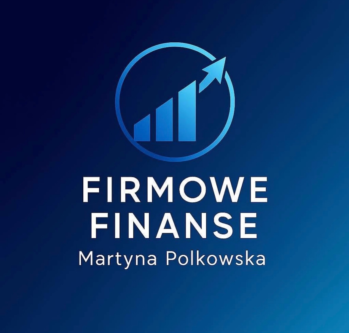 Logo Firmowe Finanse Martyny Polkowskiej na gradientowym, niebieskim tle z grafiką słupków wzrostu w okręgu.
