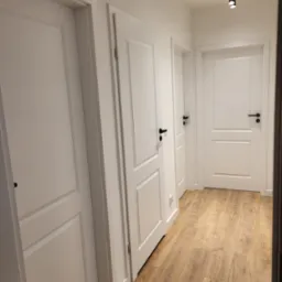 Jasny korytarz z drewnianą podłogą i białymi drzwiami z czarnymi klamkami. Oświetlenie sufitowe punktowe. Minimalistyczny design.