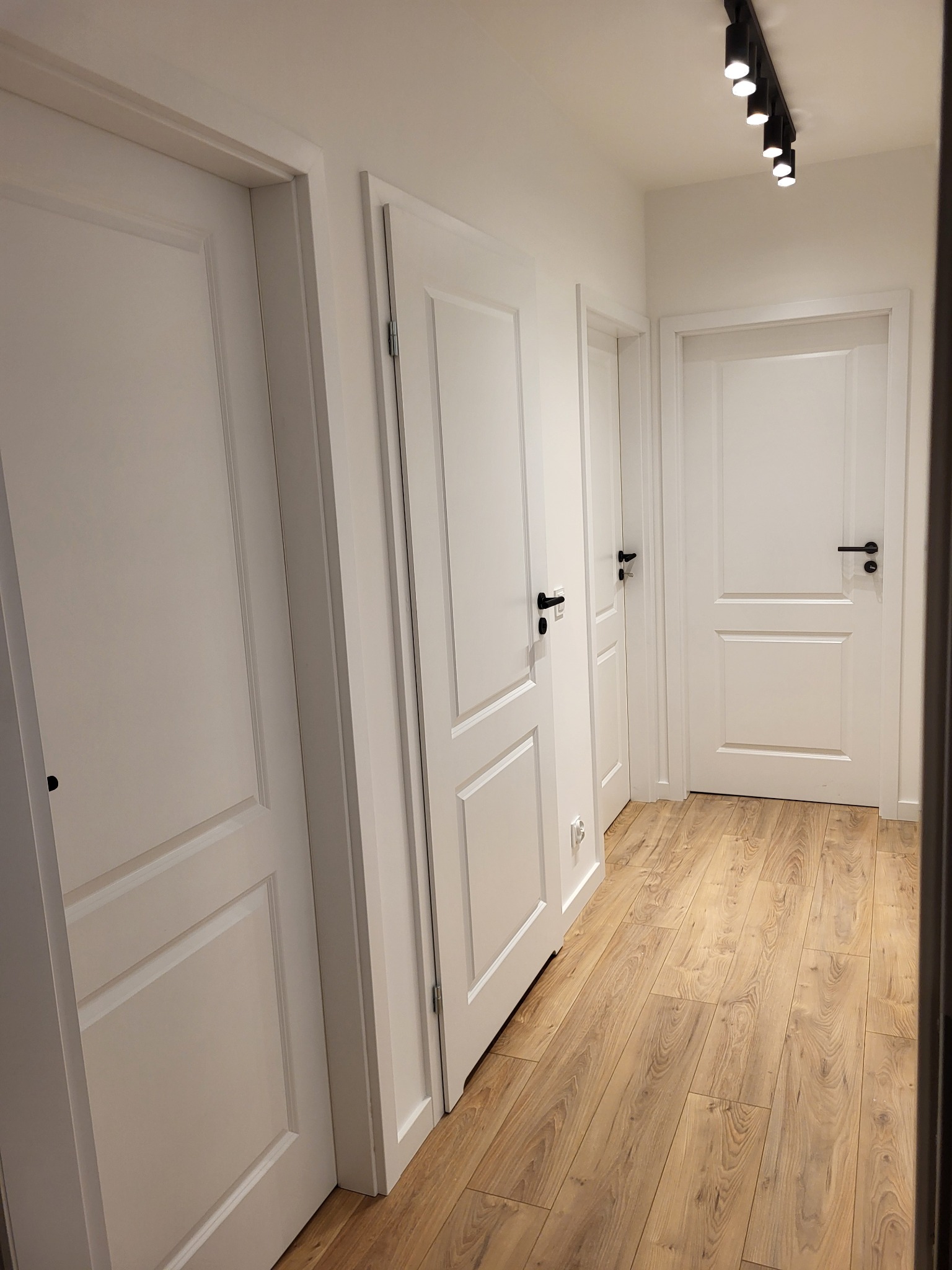 Jasny korytarz z drewnianą podłogą i białymi drzwiami z czarnymi klamkami. Oświetlenie sufitowe punktowe. Minimalistyczny design.