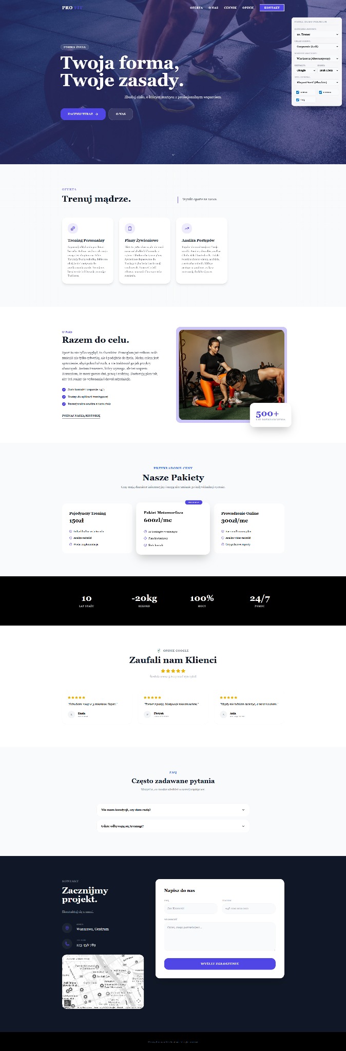 Nowoczesny layout strony internetowej z motywem fitness: nagłówek z hasłem 'Twoja forma, Twoje zasady', sekcje z ofertą treningów i planów żywieniowych, opinie klientów.