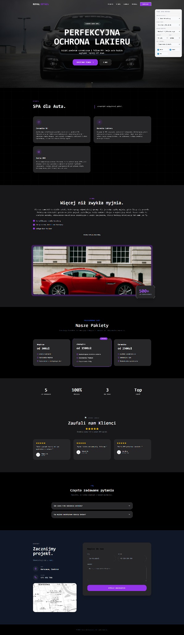 Strona internetowa firmy Royal Detail z ofertą perfekcyjnej ochrony lakieru samochodowego, prezentująca pakiety usług i opinie klientów na ciemnym tle.