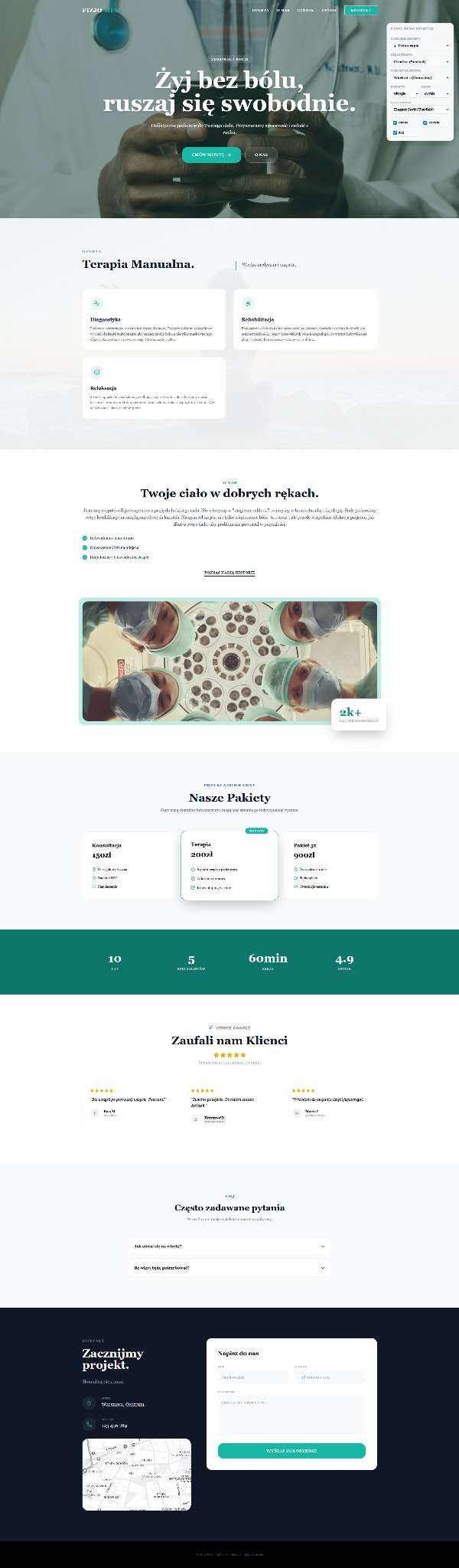 Strona internetowa fizjoterapeuty z ofertą terapii manualnej, rehabilitacji i relaksacji. Widoczne pakiety cenowe, opinie klientów i formularz kontaktowy.