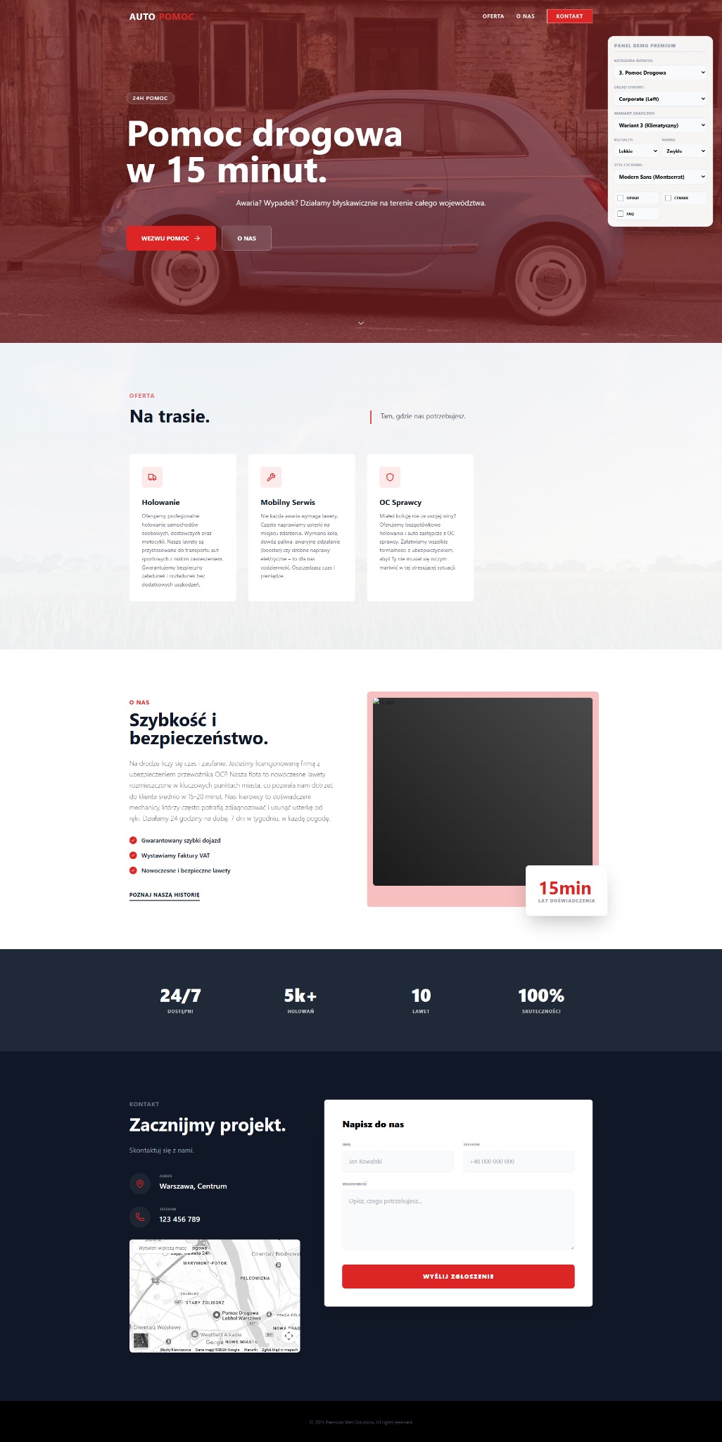 Strona internetowa auto pomocy z hasłem 'Pomoc drogowa w 15 minut' i zdjęciem niebieskiego samochodu. Oferta holowania, serwisu mobilnego i OC spraw.