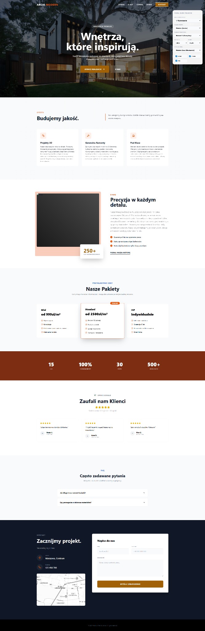 Strona internetowa firmy Archi Modern z ofertą wnętrz. Widoczne menu, nagłówek 'Wnętrza, które inspirują' i sekcje z projektami 3D, remontami i pakietami cenowymi.