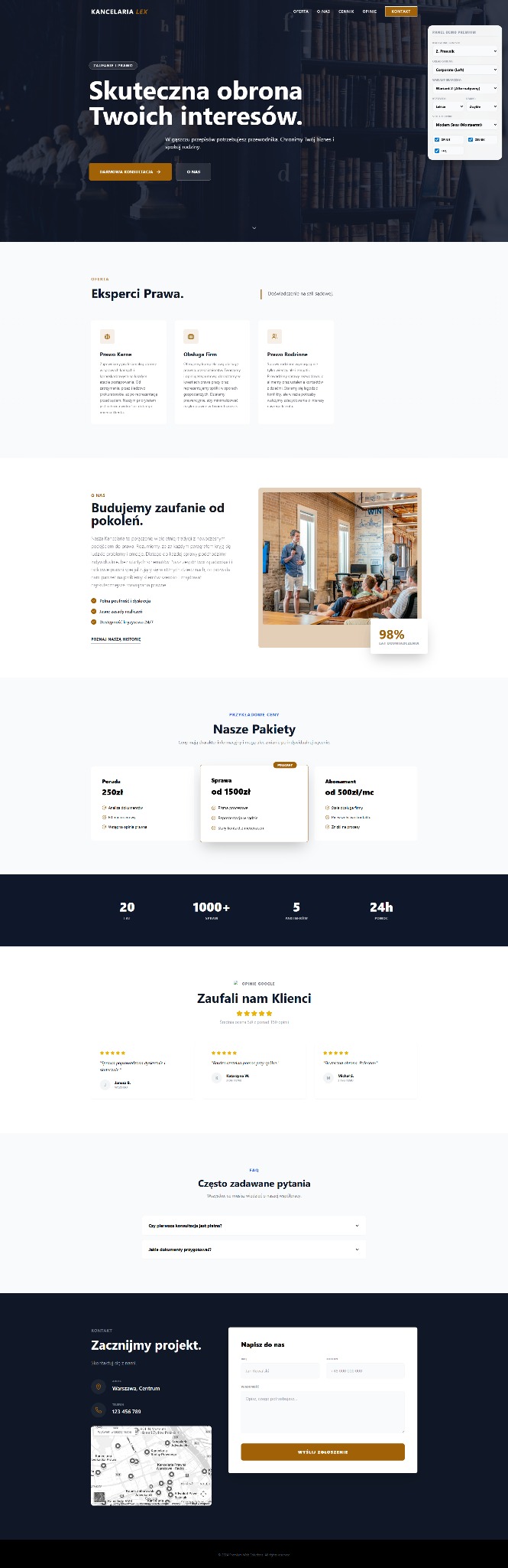 Nowoczesny design strony internetowej kancelarii prawnej z Elbląga. Widoczne sekcje: oferta, eksperci, pakiety, opinie klientów i formularz kontaktowy.