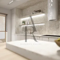 Jasna kuchnia z kamienną ścianą, oświetlonymi półkami i białym okapem. Minimalistyczny design, ciepłe światło, widok na blat kuchenny z bliska.