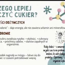 Infografika 'Dlaczego lepiej ograniczyć cukier?' z listą powodów, grafikami molekuł i osoby. Edukacyjny plakat o wpływie cukru na zdrowie.