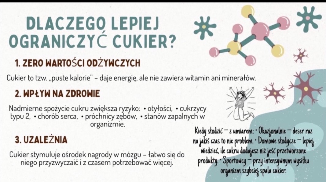 Infografika 'Dlaczego lepiej ograniczyć cukier?' z listą powodów, grafikami molekuł i osoby. Edukacyjny plakat o wpływie cukru na zdrowie.