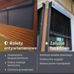 Porównanie: rolety antywłamaniowe (brązowe drewno) i żaluzje fasadowe (biały mur). Tekst reklamowy. Rolety zapewniają bezpieczeństwo, izolację i prywatność.