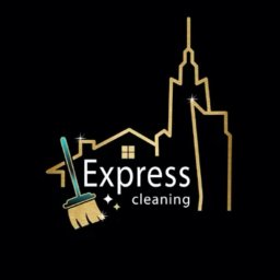 express-cleaning.pl - Złote logo firmy sprzątającej: budynek, wieżowiec, szczotka. Napis 'Express cleaning' z błyszczącymi gwiazdkami na czarnym tle. Minimalistyczny design.