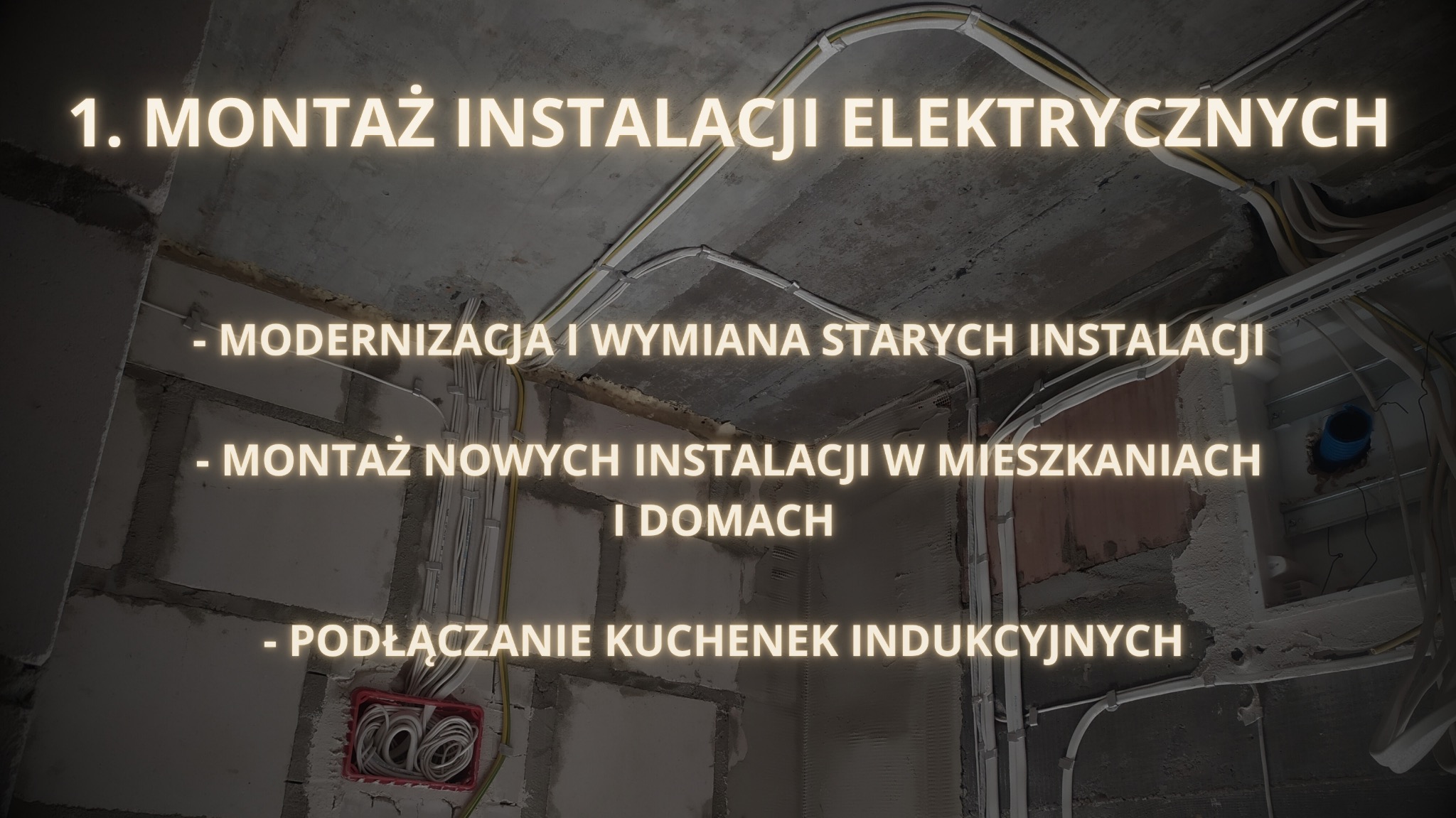 Montaż instalacji elektrycznych: kable w peszlach i puszki w surowym wnętrzu, modernizacja, montaż w domach, podłączanie kuchenek indukcyjnych.