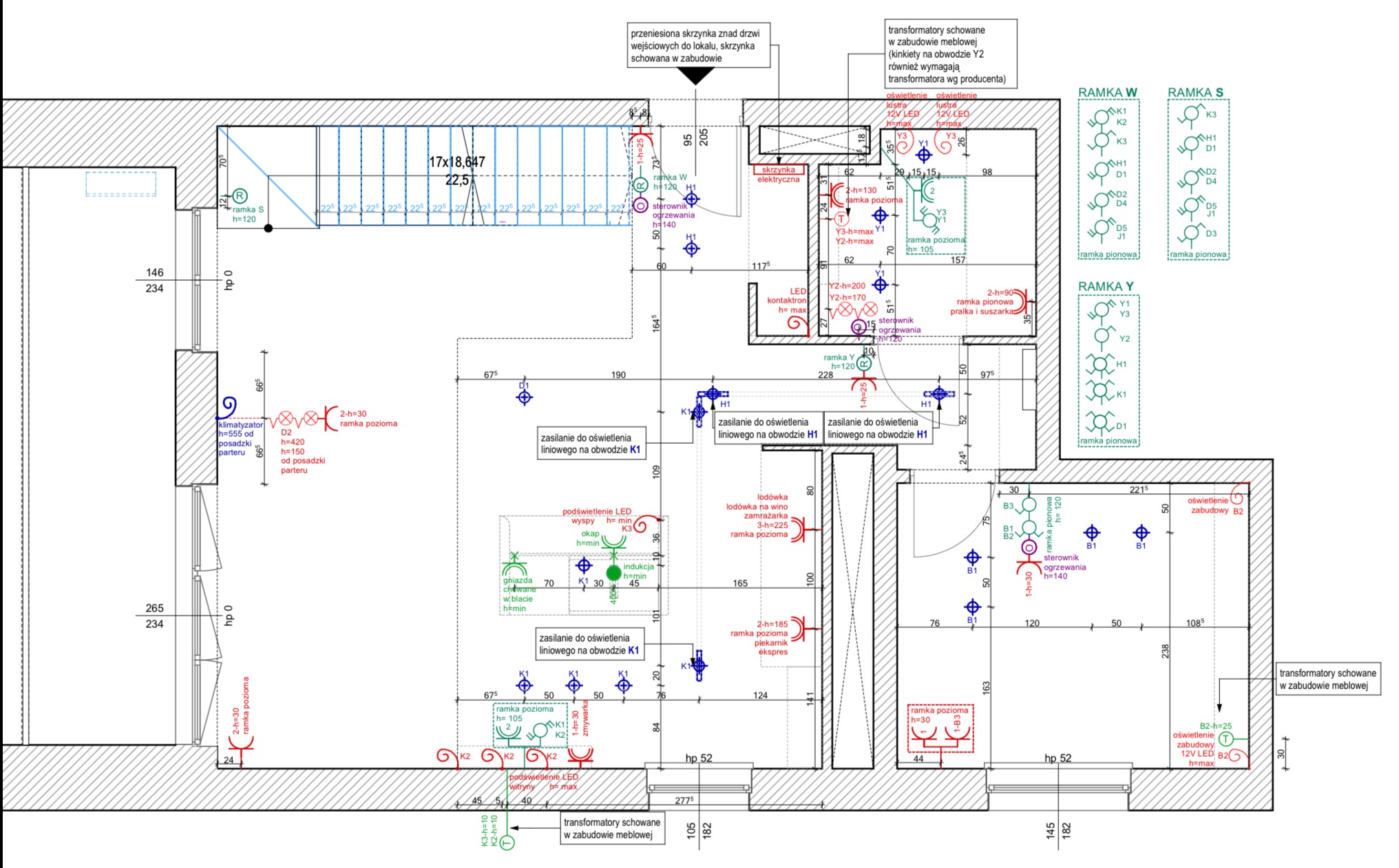 Projekt instalacji elektrycznej: schemat oświetlenia z wymiarami, rozmieszczeniem punktów i obwodów w pomieszczeniu. Plan zawiera szczegóły techniczne i oznaczenia.