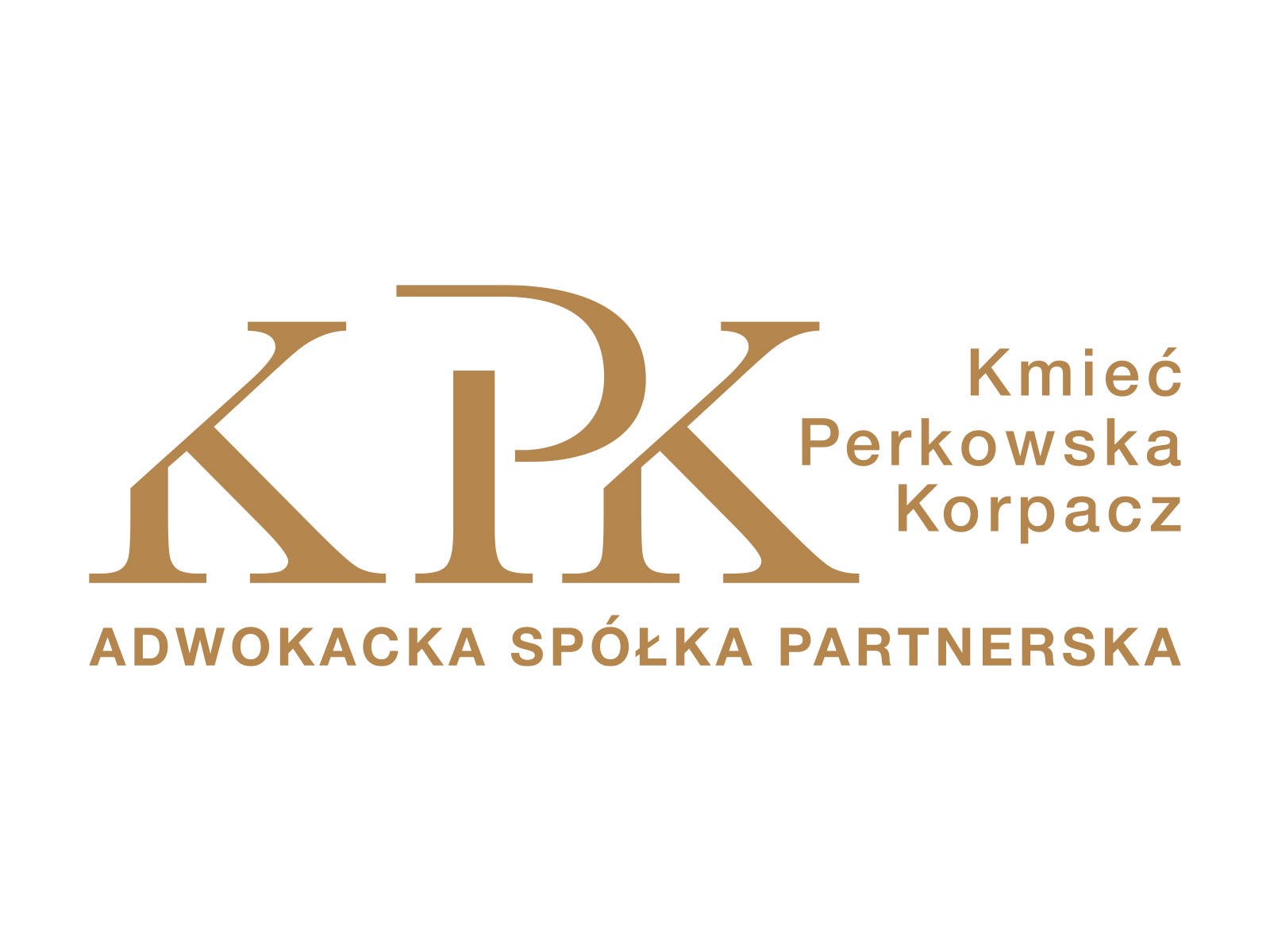 Eleganckie logo 'KPK' w kolorze złotym, poniżej napis 'ADWOKACKA SPÓŁKA PARTNERSKA', obok nazwisko 'Kmieć Perkowska Korpacz' na białym tle.