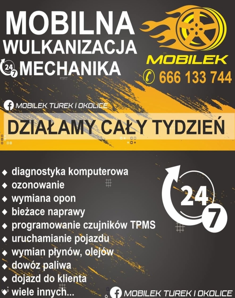 Żółto-czarny baner reklamowy mobilnej wulkanizacji i mechaniki pojazdowej z numerem telefonu, logiem opony z płomieniami i hasłem 'Działamy cały tydzień'.