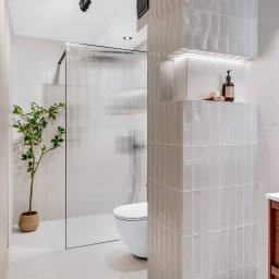 Michal Blaszczyk - Nowoczesna łazienka z kabiną prysznicową z ryflowanego szkła, wiszącą toaletą i elementami wykończenia z płytek w odcieniach szarości. Minimalistyczny design z akcentem roślinnym.